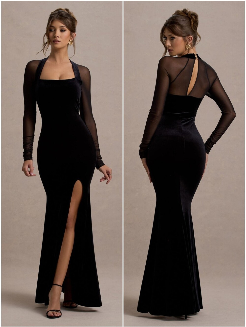 NWOT Club L London Black Velvet Mesh Evening Gown High Slit Square Neck